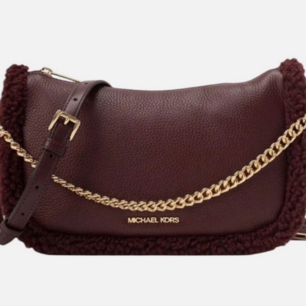 BNWT Michael Kors Carmela Pouchette M Burgundy Oxblood Shearling Leather Xbody